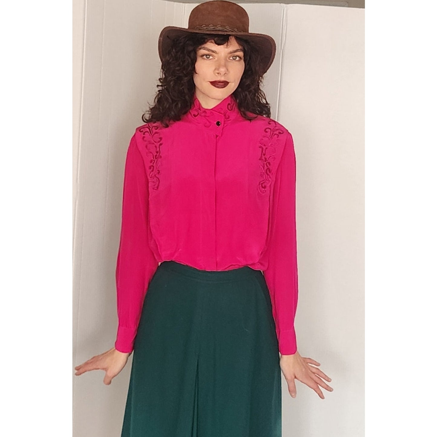 Vintage 80s Fuschia Pink Silk Blouse w/Embroidery Paul Alexander