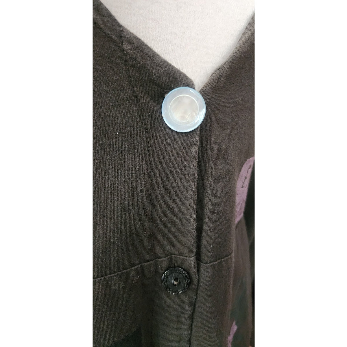 Vintage 1990s Blue Fish Top Cardigan 1999 Earth Garden Gray Linen Patchwork Hand Painted V Neck