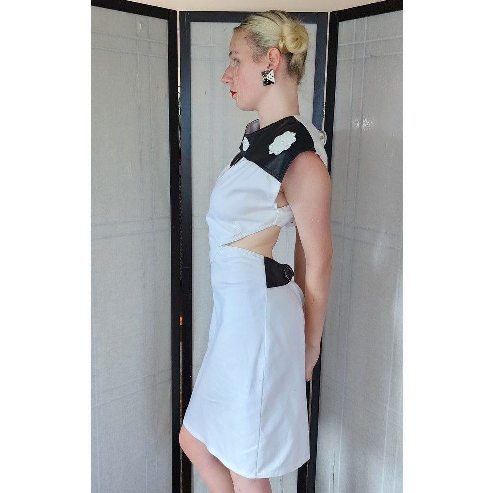 Vintage 80s Dress White Cotton Black Leather w/Cut Outs & Open Back