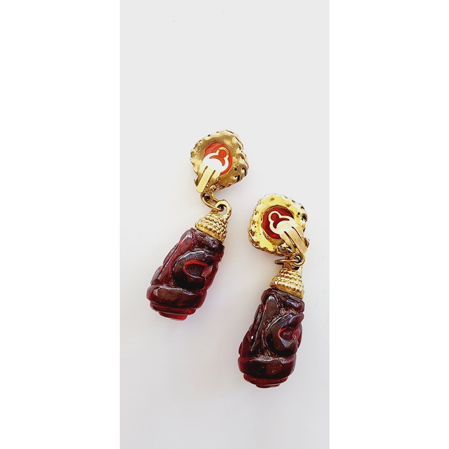 Vintage 80s Dangle Earrings Carved Red Glass Beads & Braided Gold