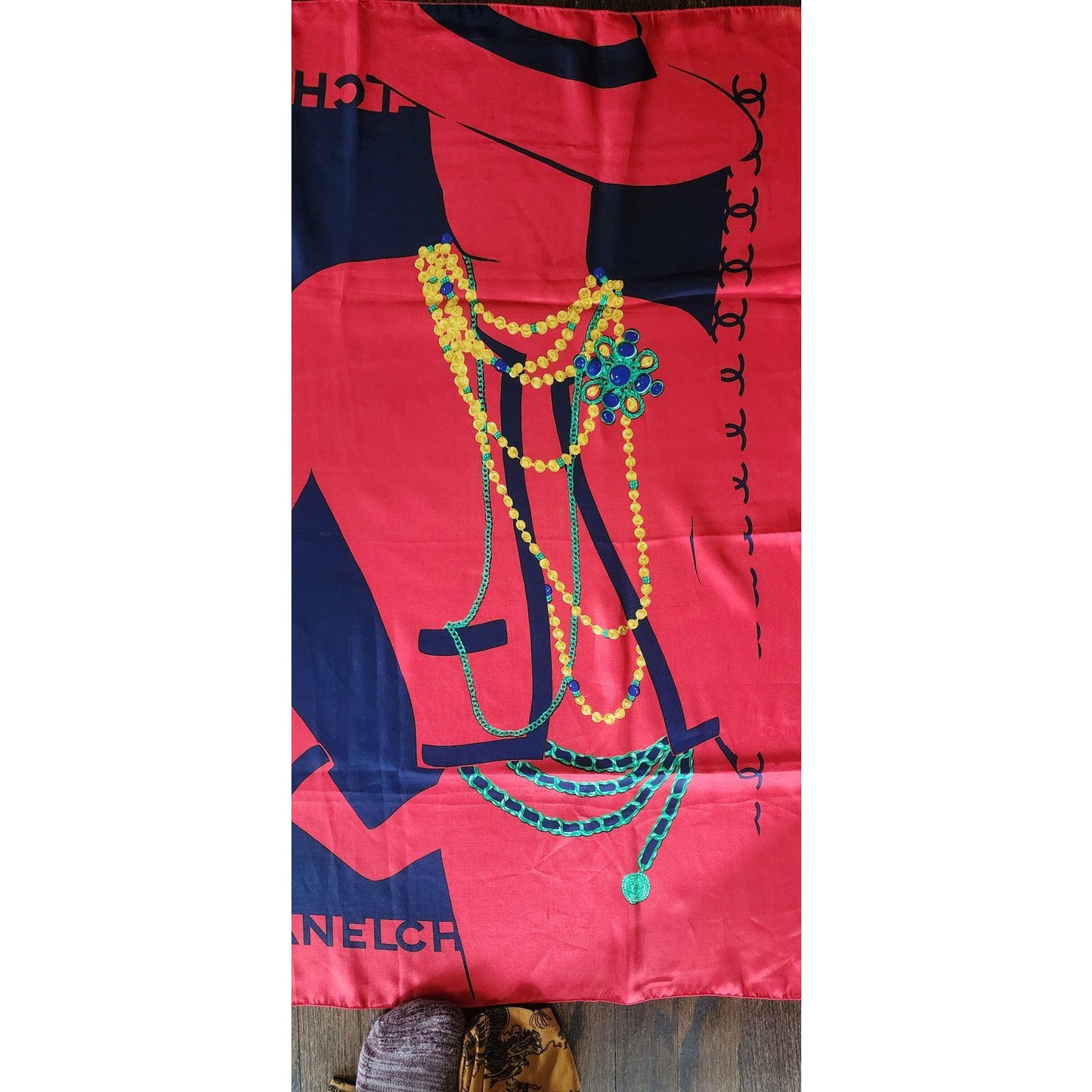 Vintage 90s Chanel Signature "Coco Portrait with Jewelry" Silk Scarf