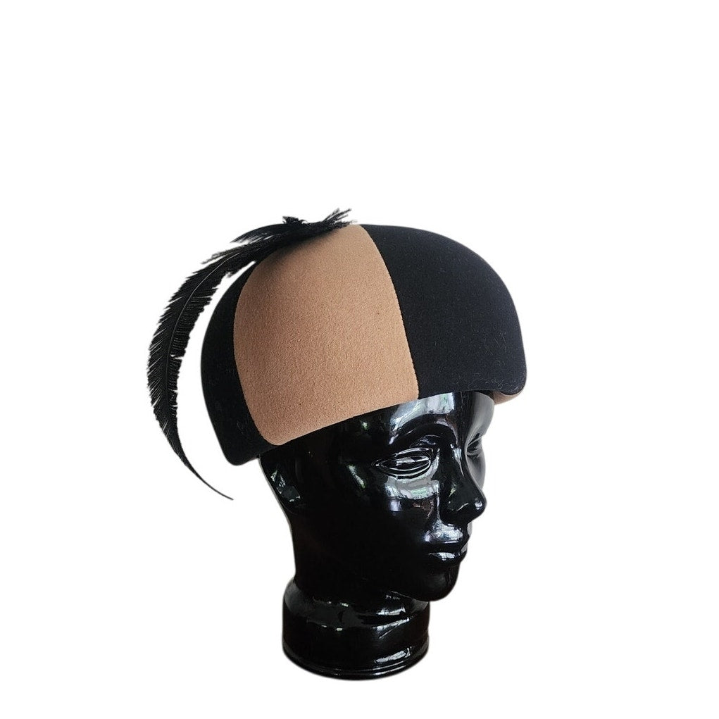 Vintage 60s Mod Bubble Hat Mr John Brown Black Wool felt w/Feather Helmet Style