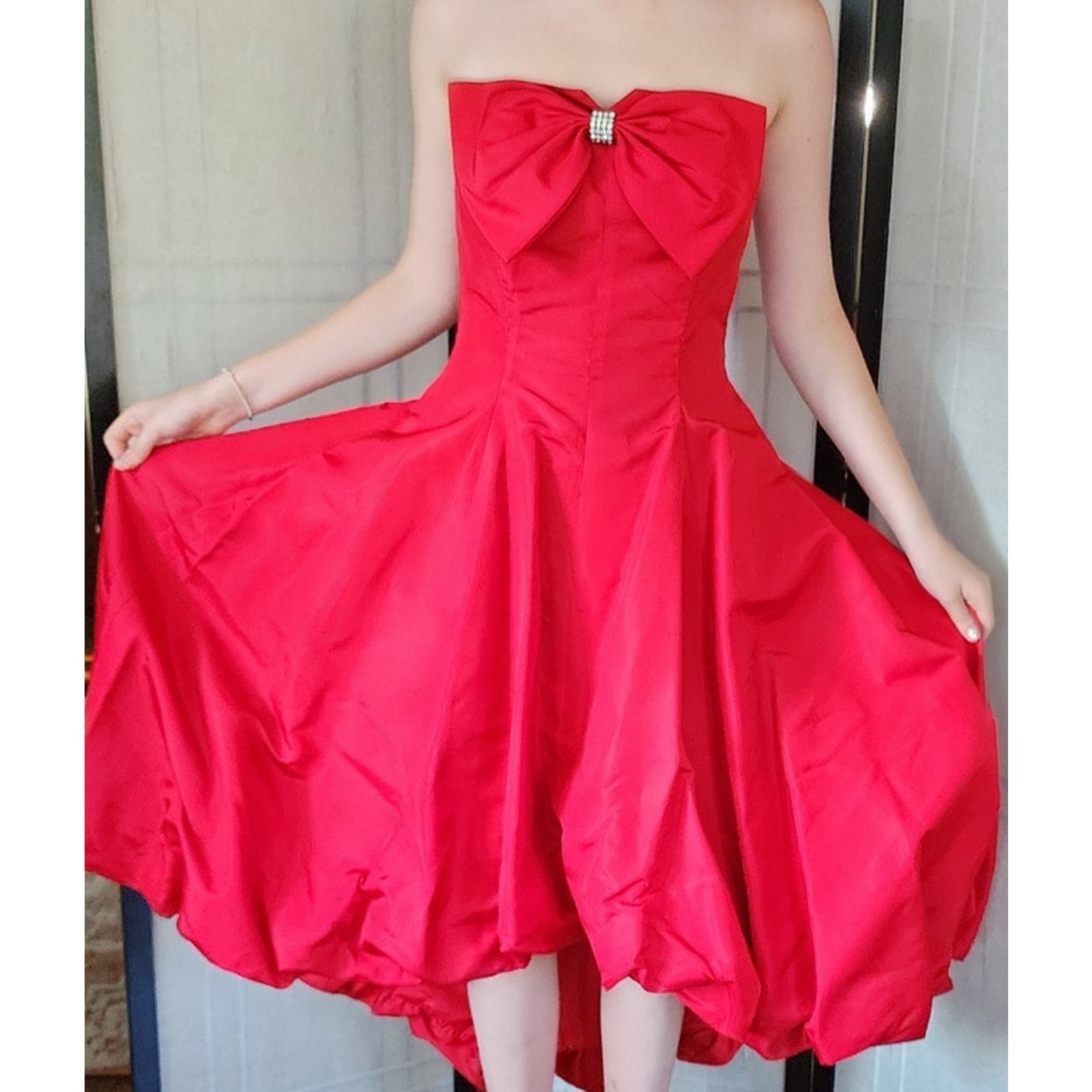 Vintage 80s Red Party Dress Strapless w/ Bubble Skirt & Bow by Climax