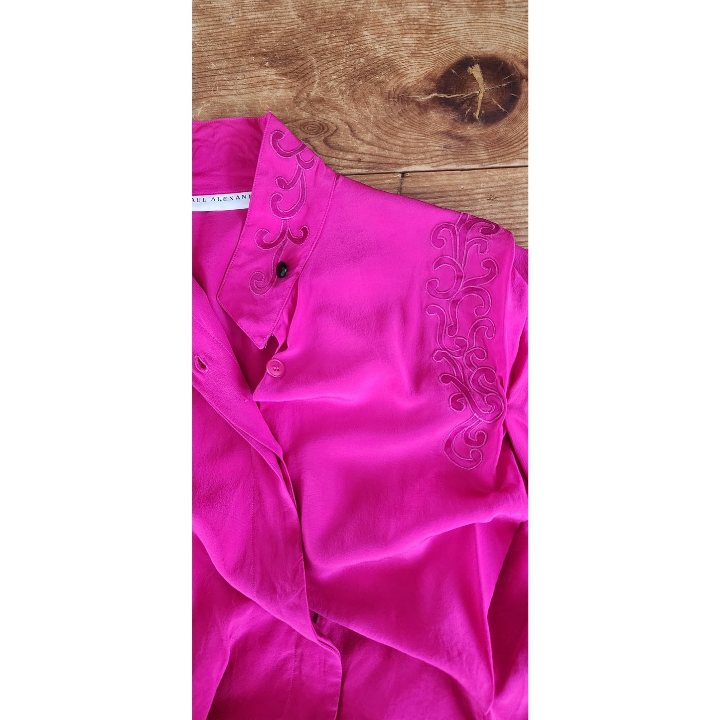 Vintage 80s Fuschia Pink Silk Blouse w/Embroidery Paul Alexander