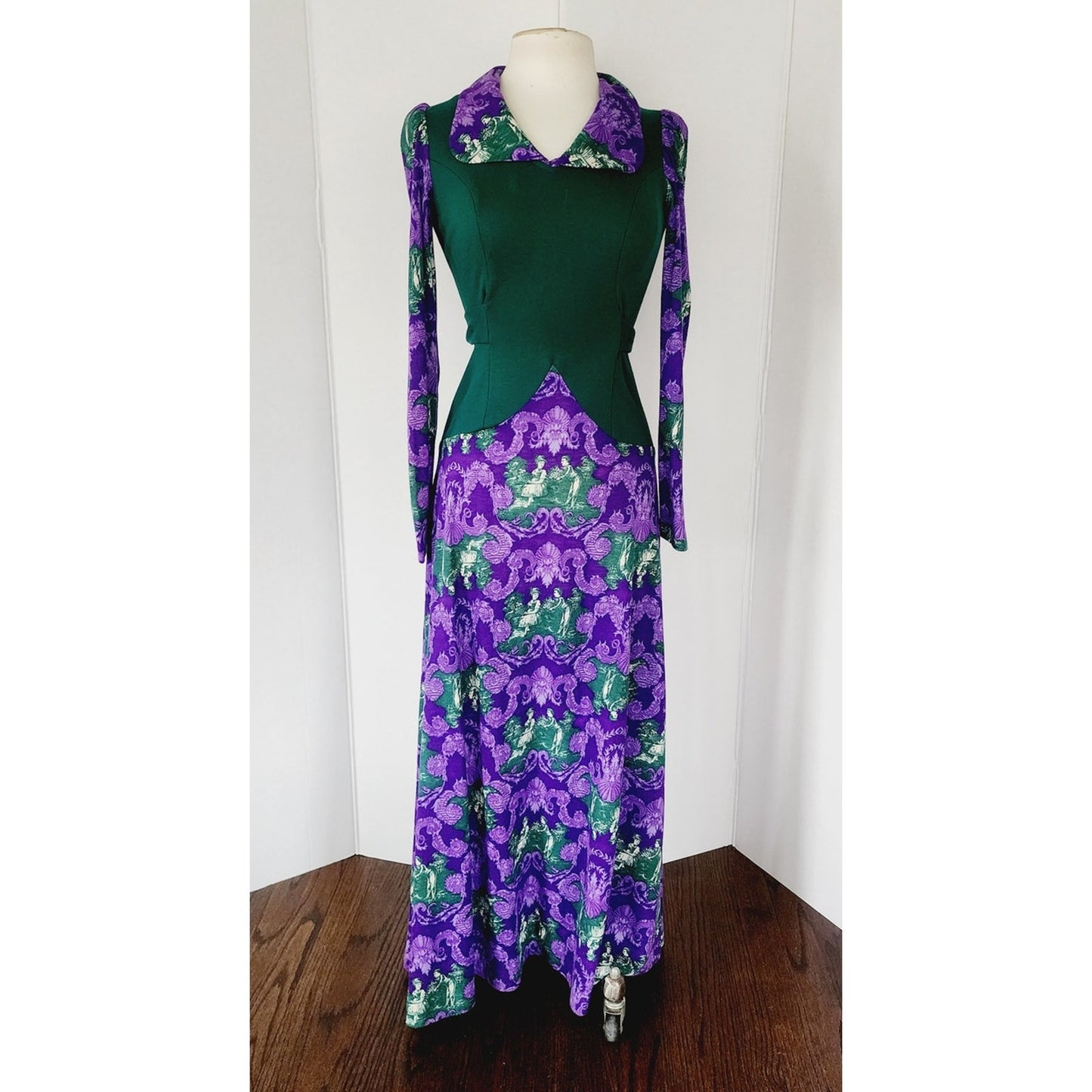 Vintage 70s Maxi Dress Purple French Toile Print & Hunter Green Jody California
