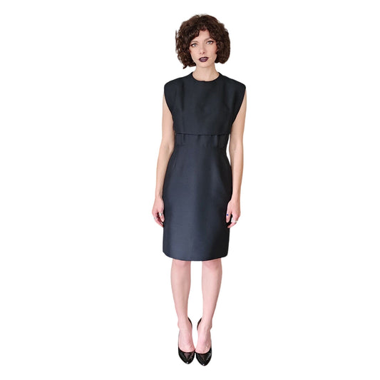 Vintage 60s Black Mod Dress in Tailored Wool, Sleeveless, M