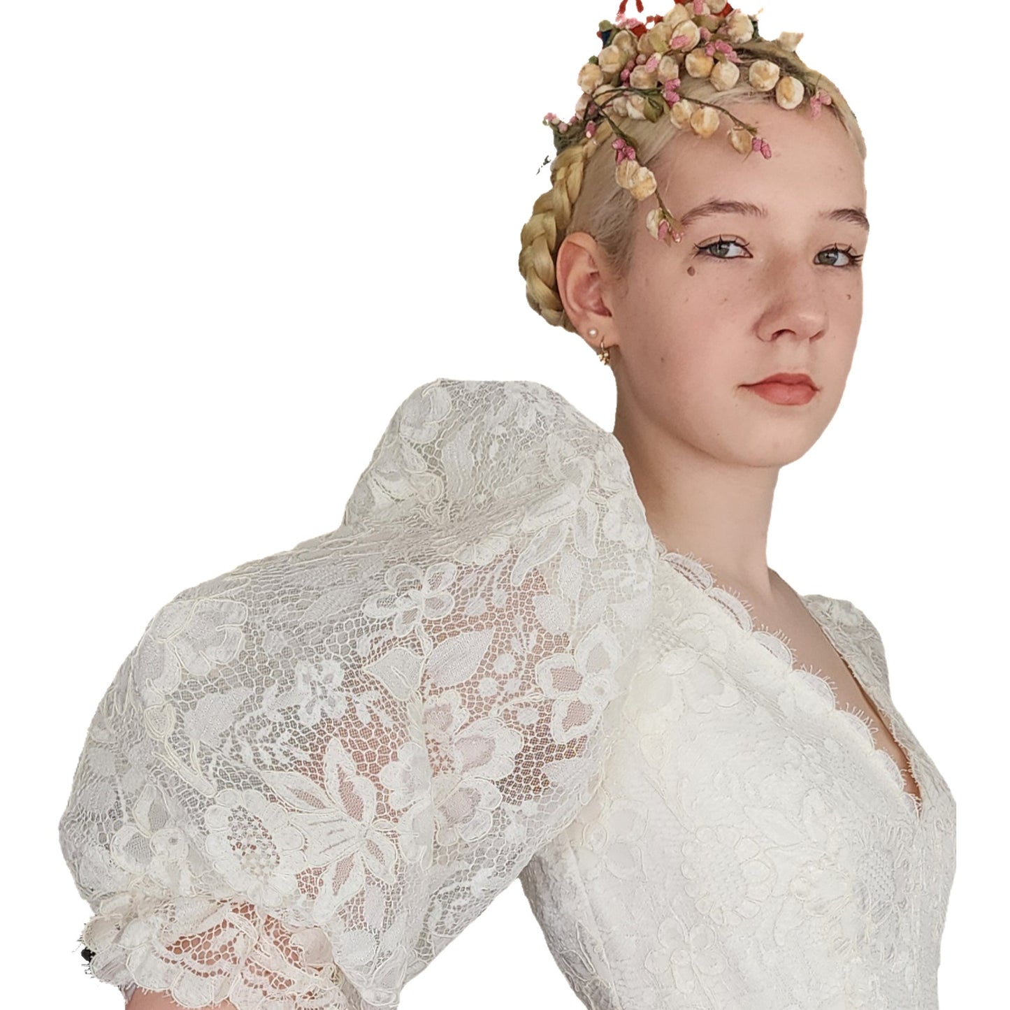 Vintage 80s White Lace Wedding Dress Statement Sleeves