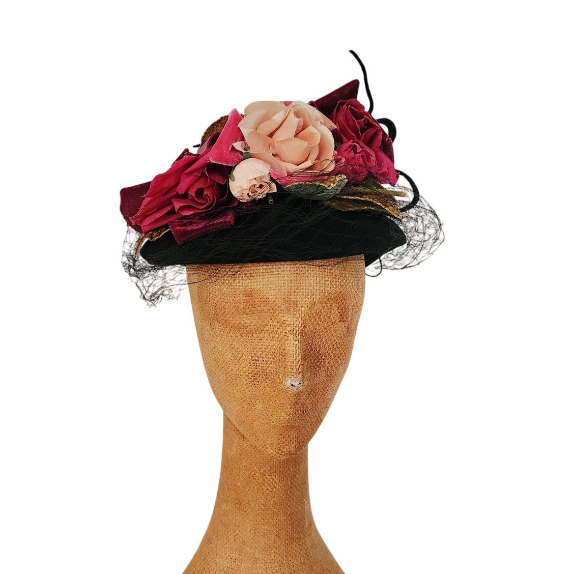 Vintage 1940s Flower Hat Black Wool Silk Floral Marshall Fields New York Creations