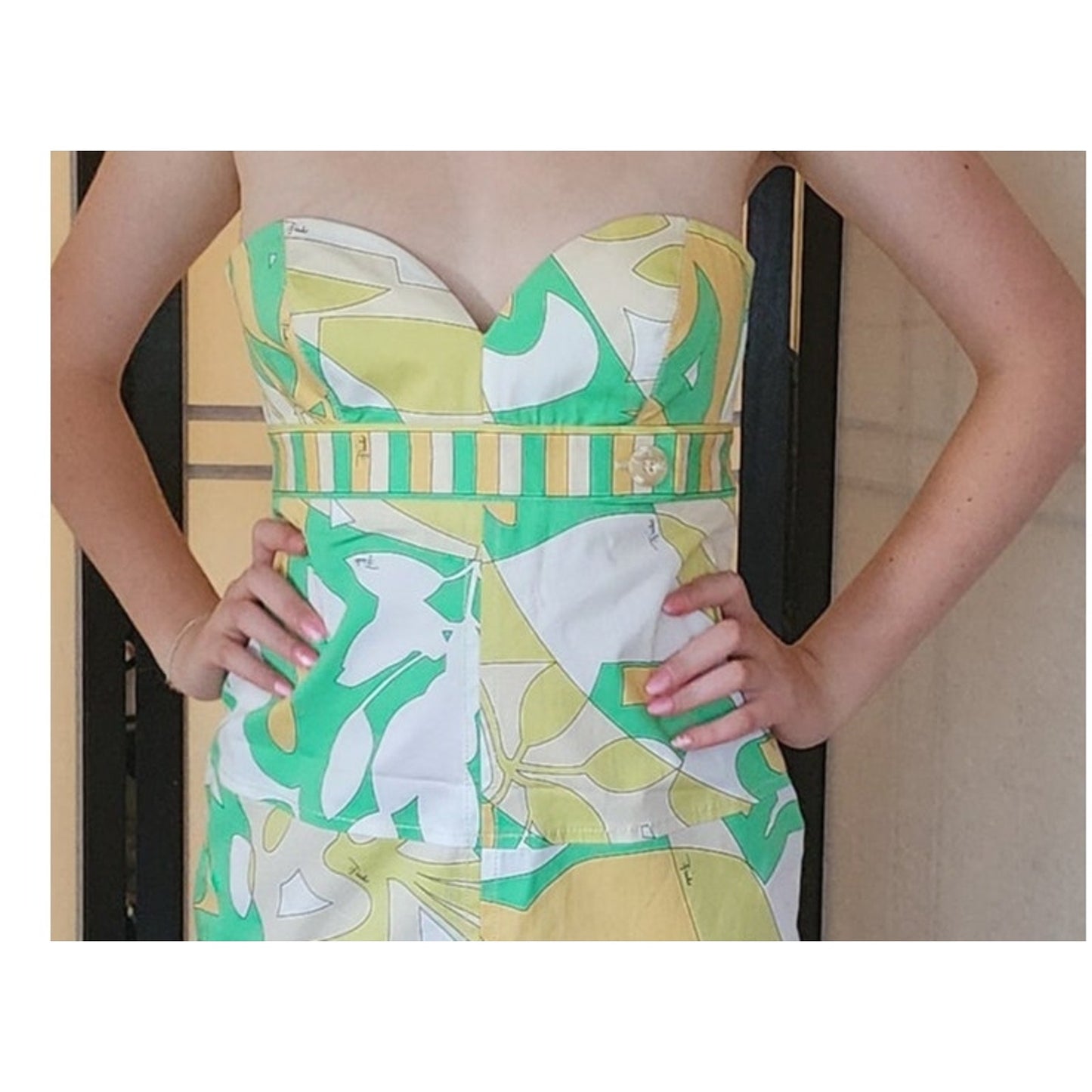Vintage Y2K Pucci Strapless Cotton Print Dress Yellow Green Floral NWOT