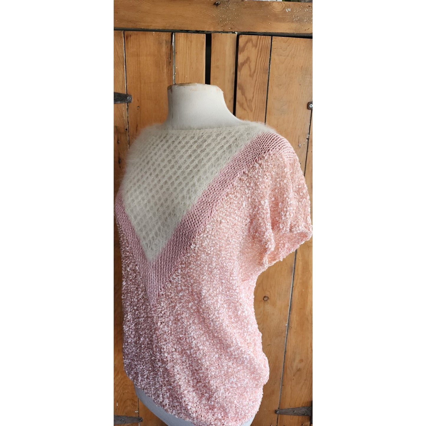 Vintage 80s Pink Knit Top White Angora Short Sleeves Signatures