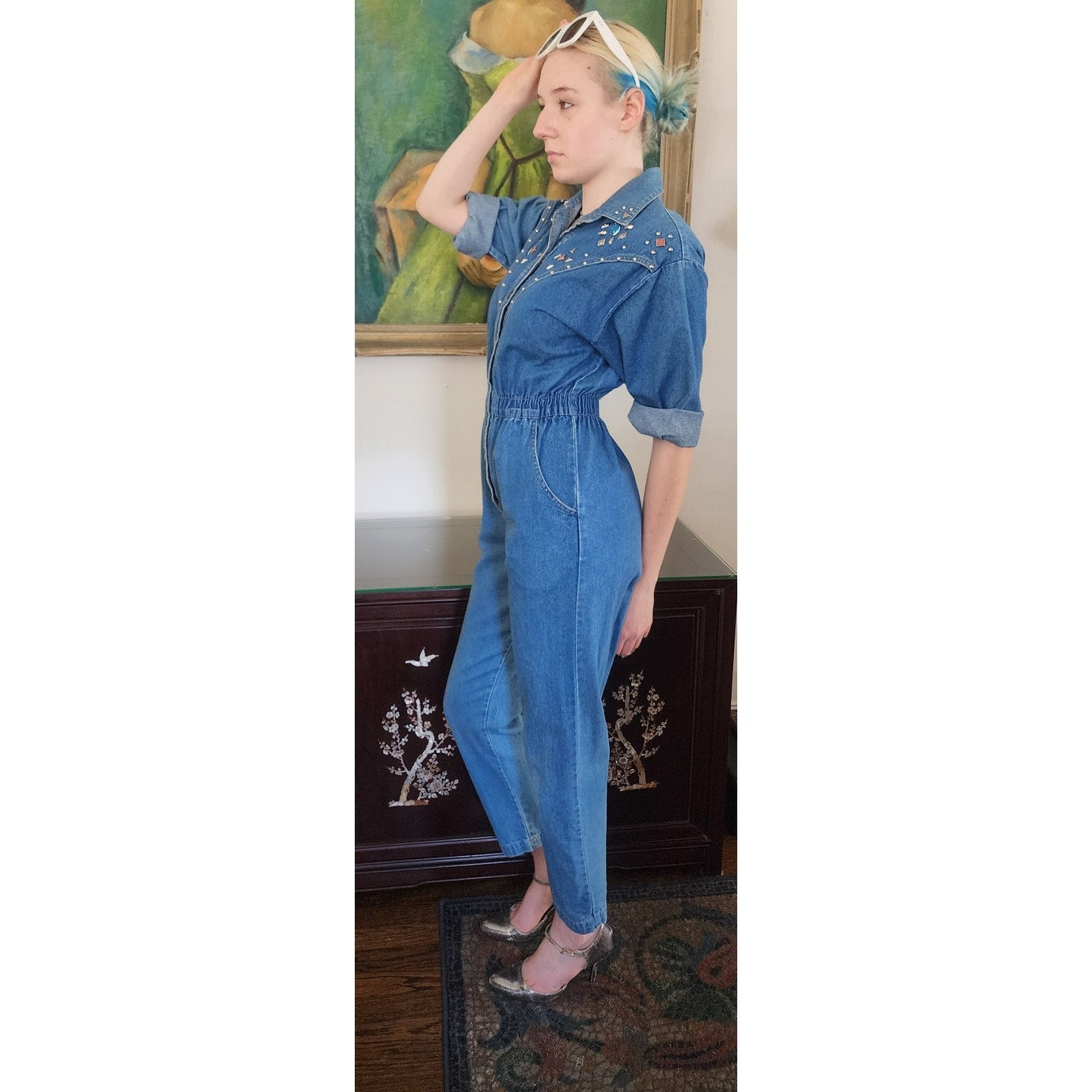 Vintage 80s Denim Jumpsuit w/Silver Studs Elastic Waist / Small
