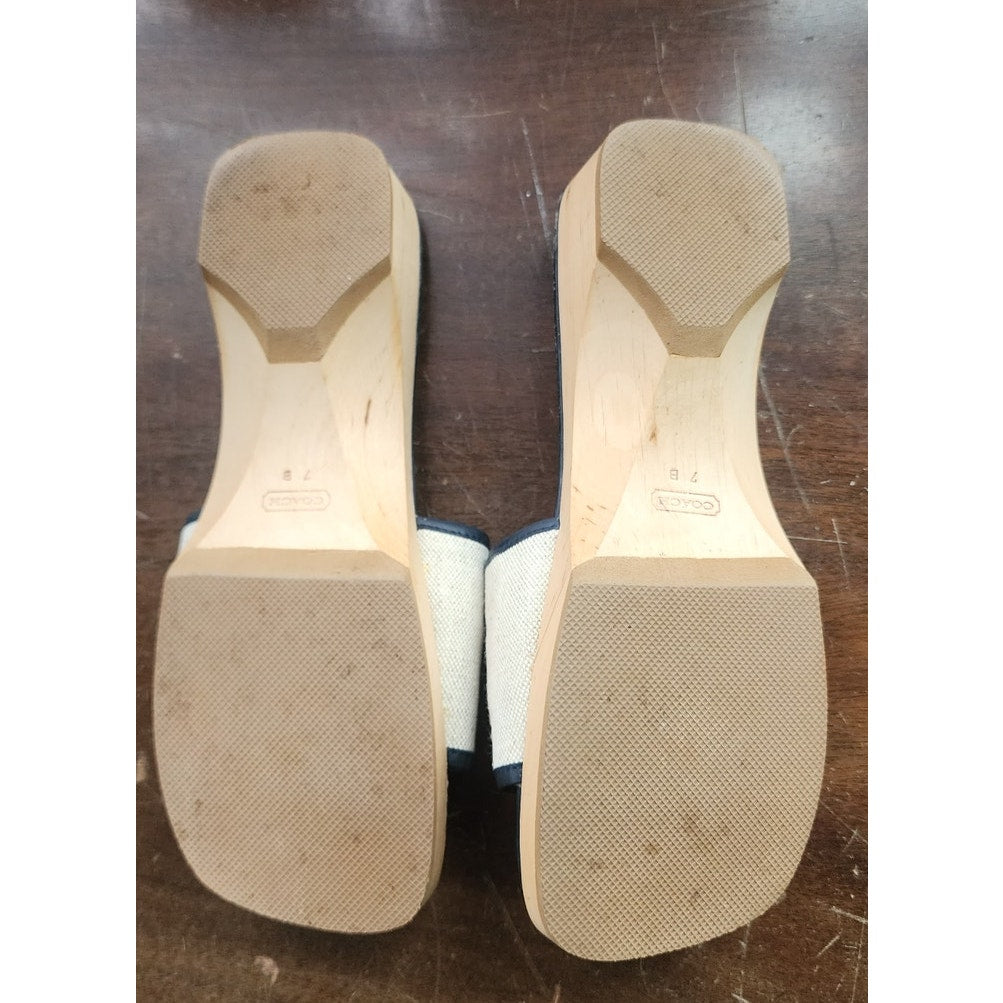 COACH Mules Canvas & Wood Block Heel Slides Sandals 7