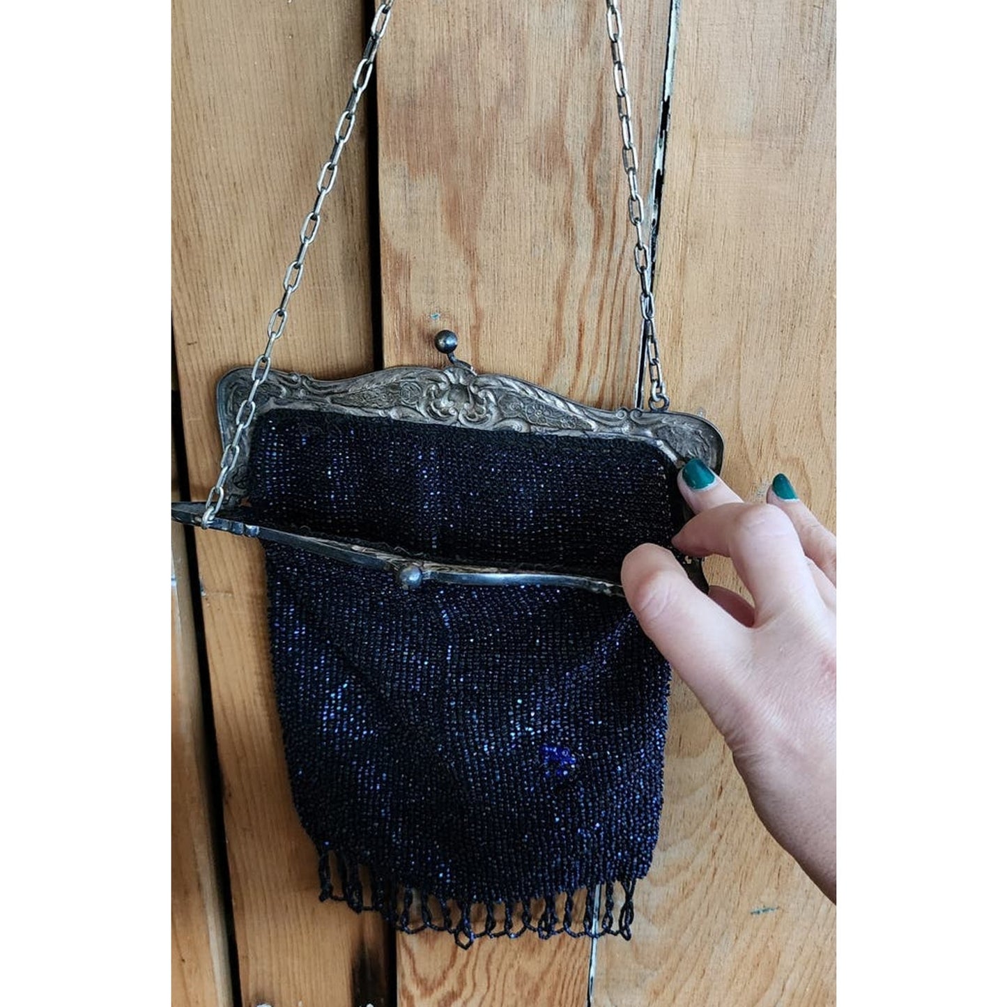 Edwardian Beaded Evening Bag Navy Blue Glass Microbeading