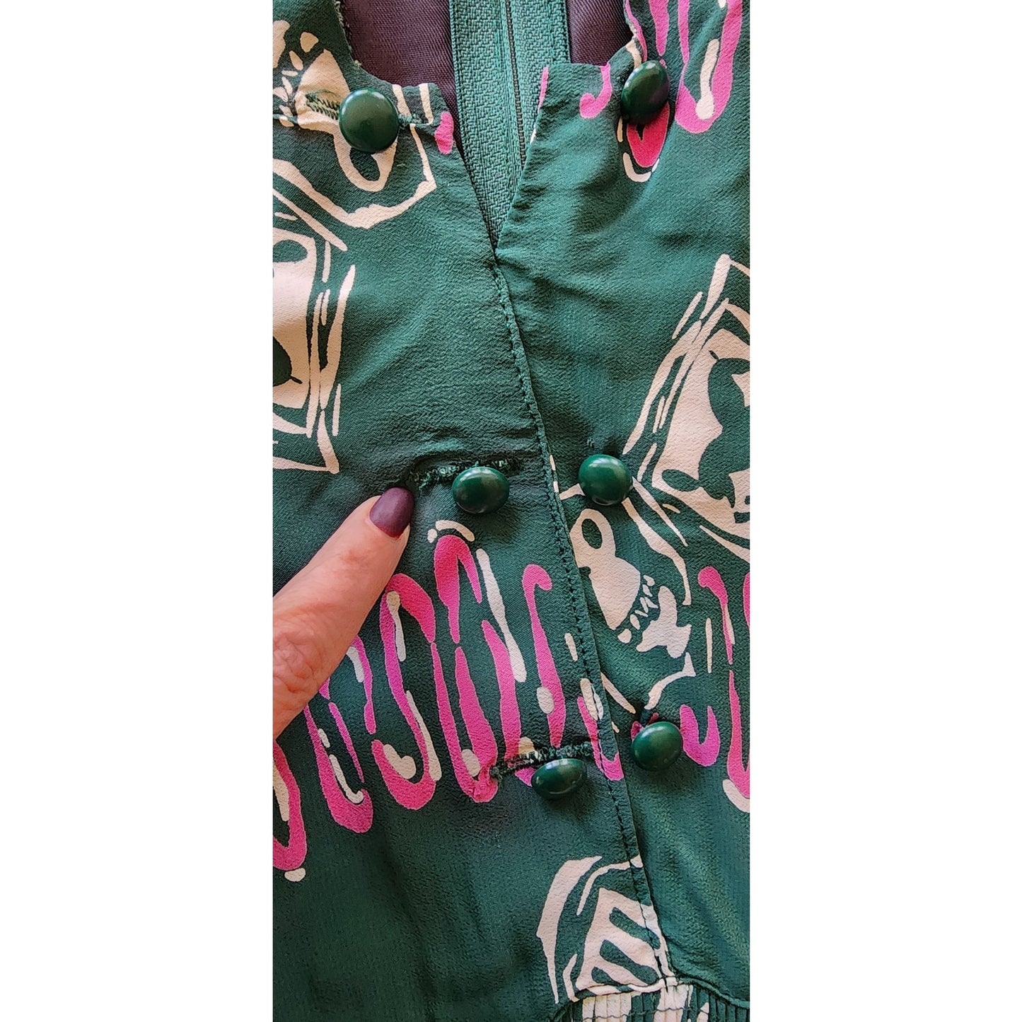 Vintage 40s Rayon Dress Green Pink Novelty Print Ancient Greek Greece Classical Art