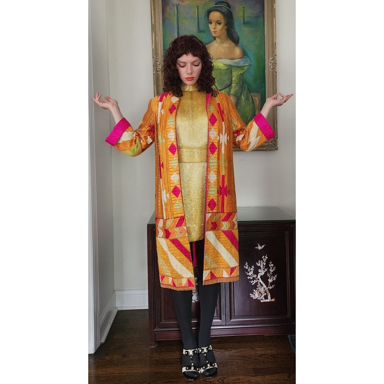Antique Silk Patchwork Coat Artistinal Boho Gold Fuschia Folk Geometric