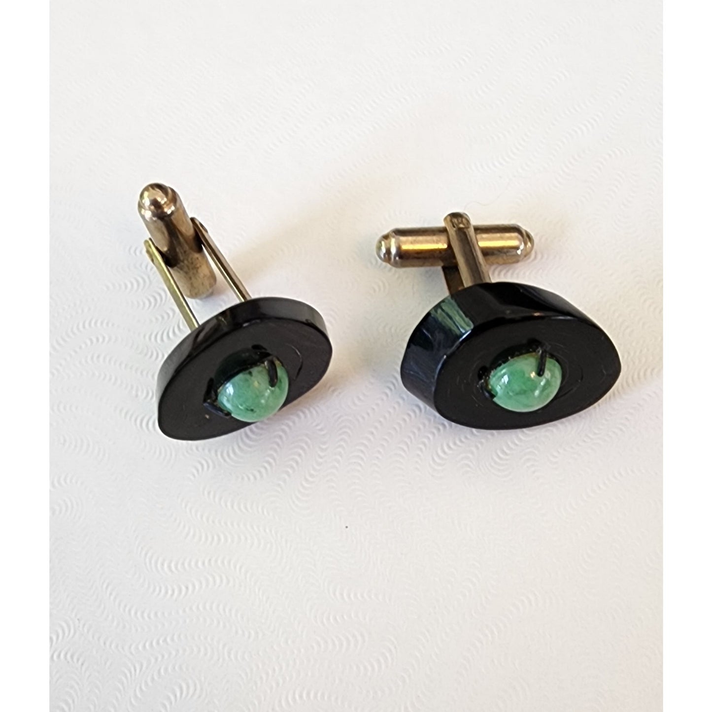Vintage 50s Cufflinks Hawaiian Black Coral Jade 12K Gold Filled