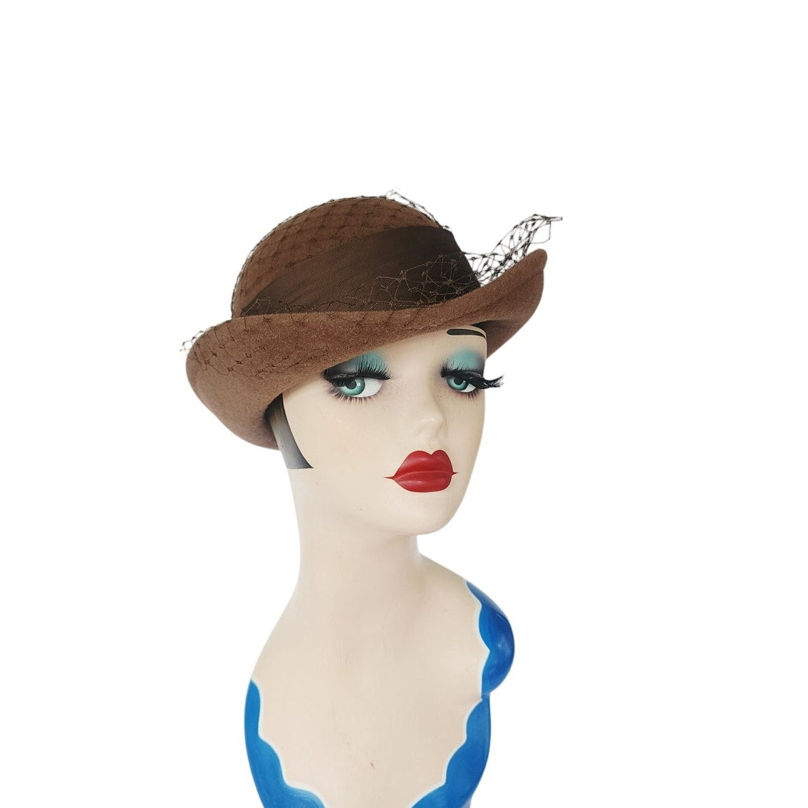 Vintage 1980s Ladies Bowler Hat Brown Wool w/Veil & Bow Betmar