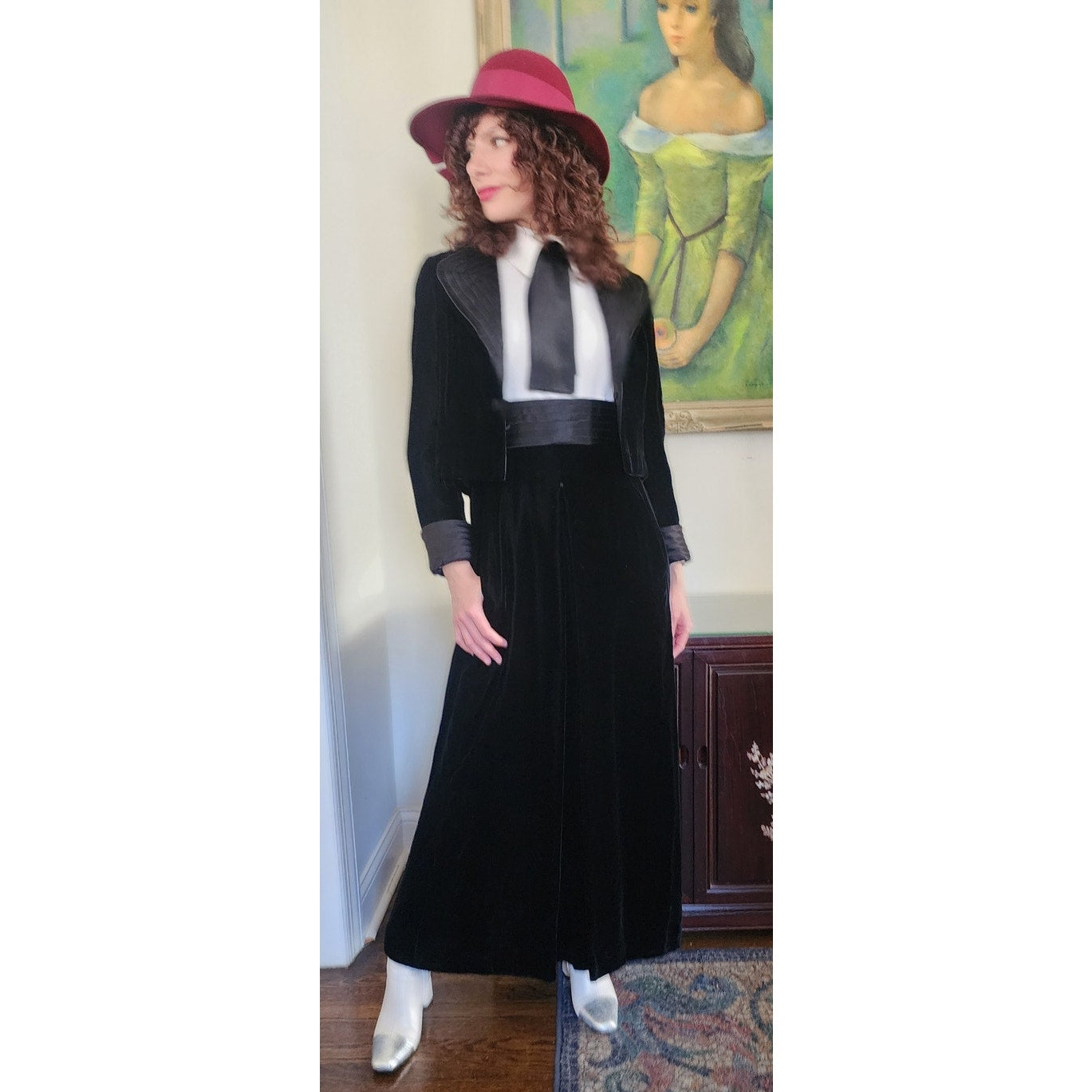 Vintage 70s Tuxedo Style Maxi Dress + Jacket Set Black Velvet Joseph Stein Muriel Reade