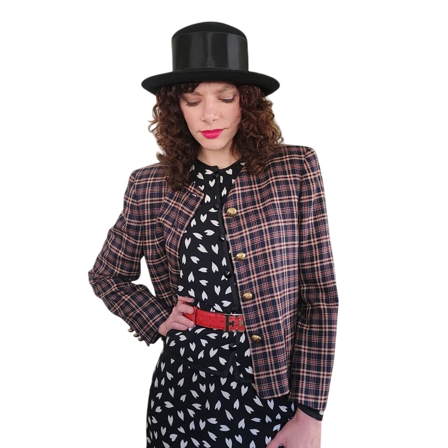 Vintage 80s Jaeger Blazer Navy Blue Brown Plaid Wool Blend