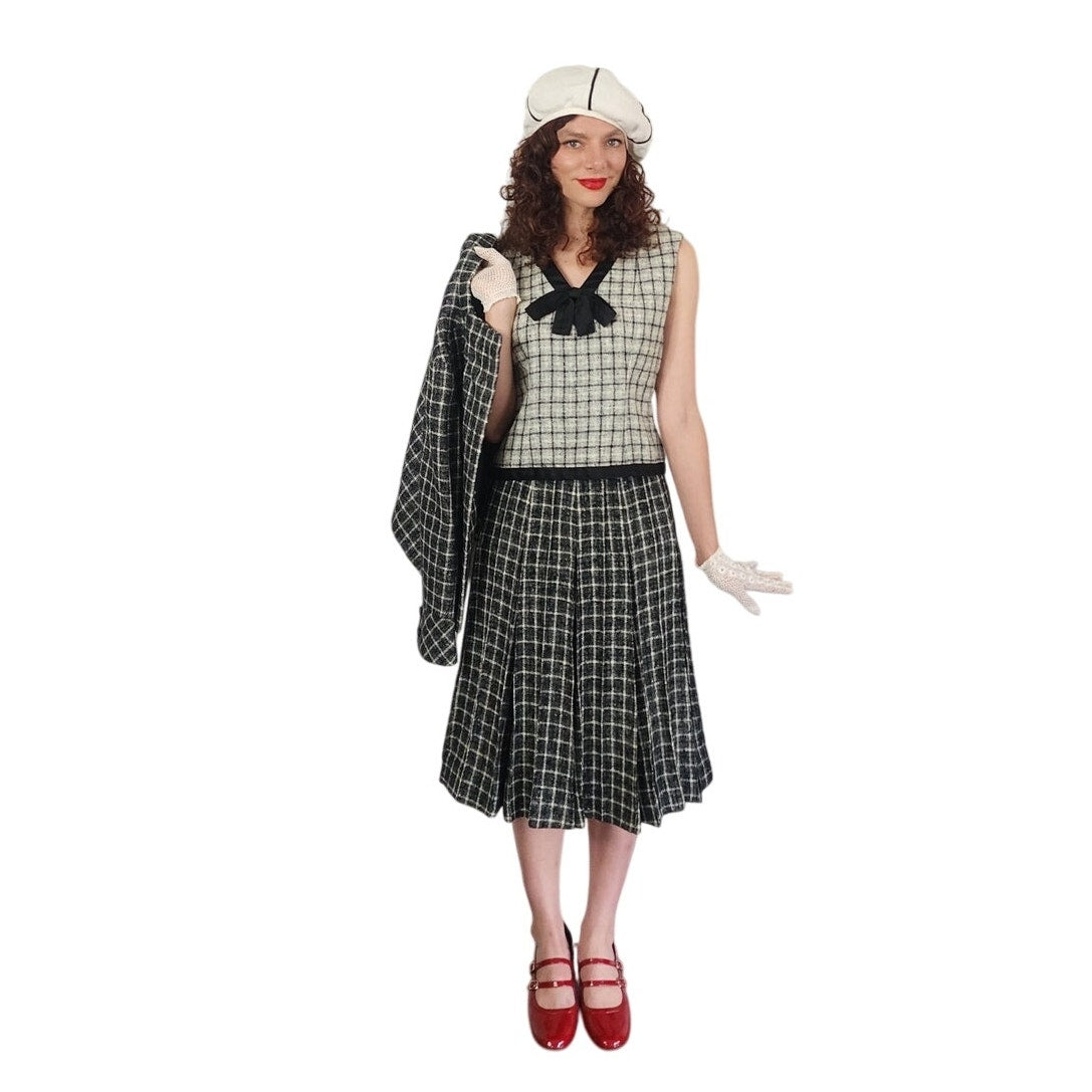 Vintage 1960s Christin Dior New York Suit Mod Three Piece Black White Check Wool