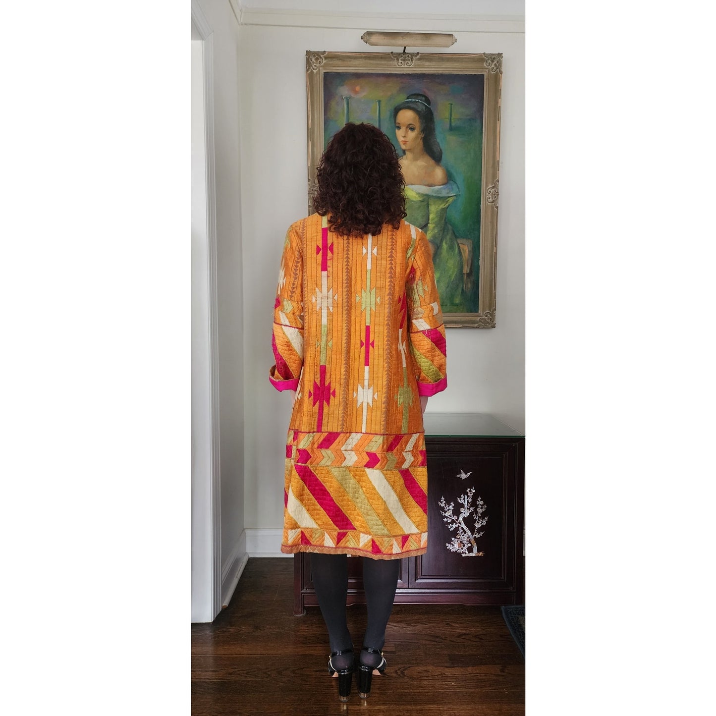 Antique Silk Patchwork Coat Artistinal Boho Gold Fuschia Folk Geometric