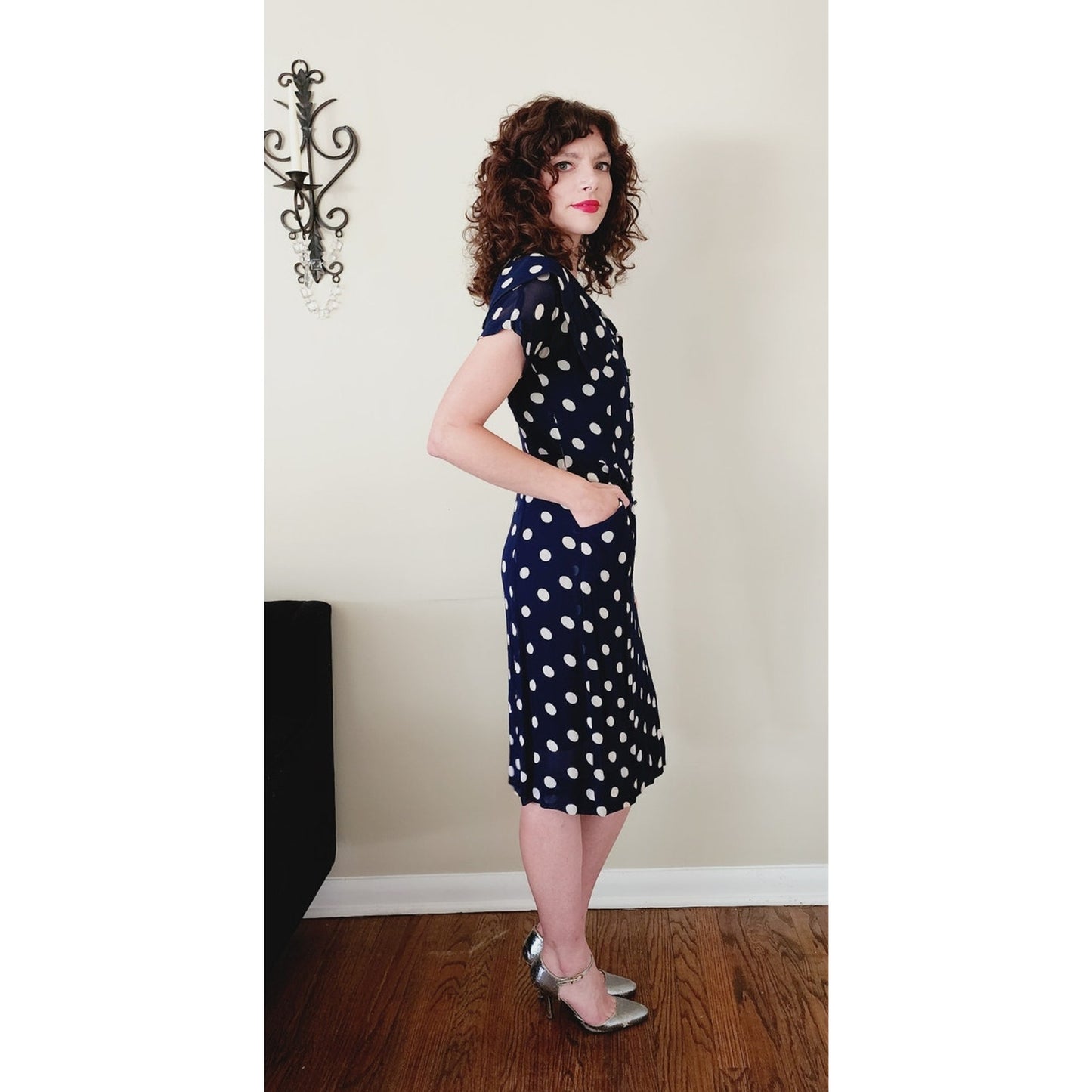 Vintage 40s Rayon Print Dress Navy Blue Polkadot  S