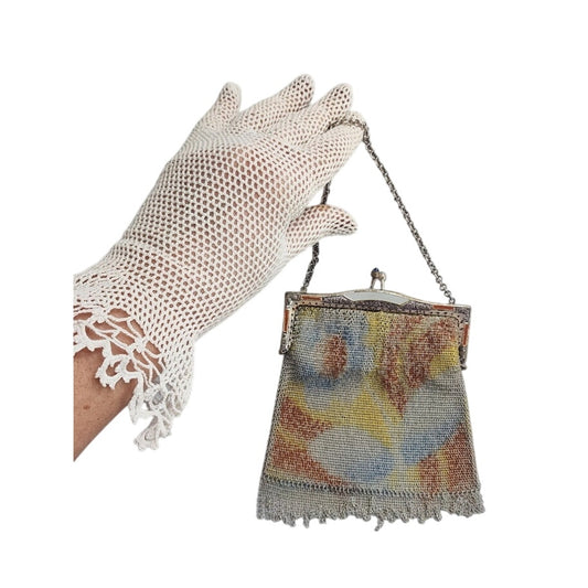 Vintage 1920s Mesh Bag Watercolor Pattern Art Deco Enamel Frame Purse