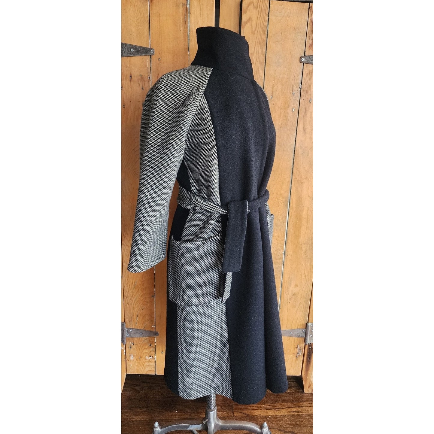 Vintage 90s Wool Coat + Skirt Set in ZigZag Stripe Grey Black / S
