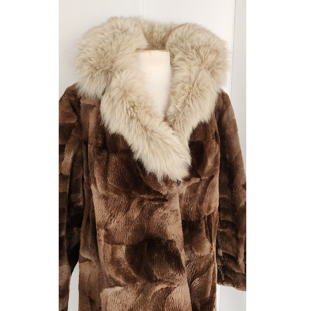 Vintage 80s Patchwork Fur Coat Sheared Beaver Blue Fox Collar