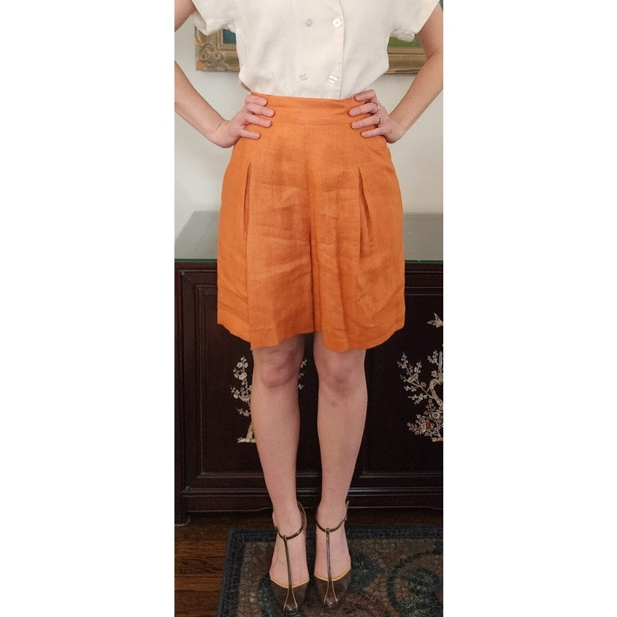 Vintage 80s Orange Linen Dress Shorts Pleated Front by Perlie / M