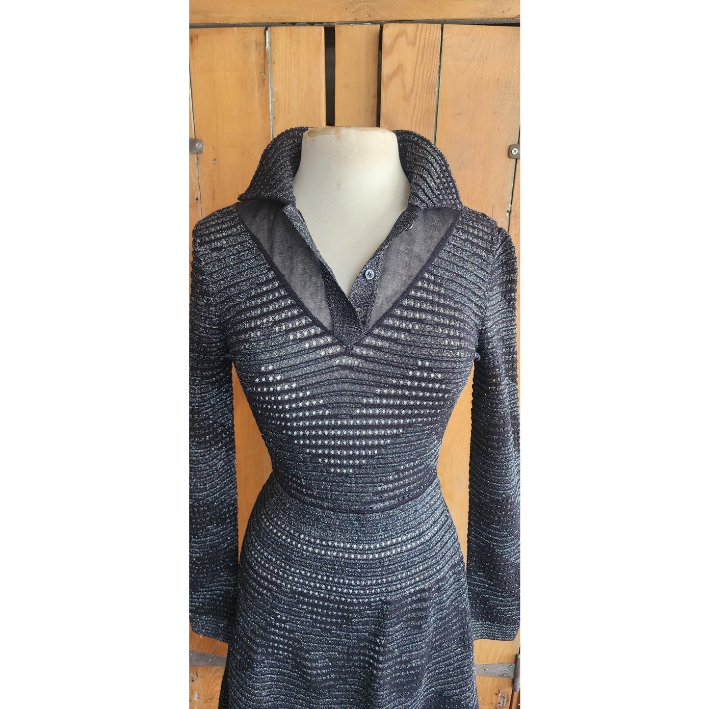 Vintage MISSONI Knit Dress Metallic Black Midi Length Stretchy / S-M