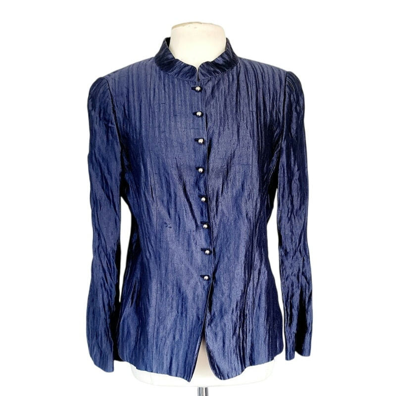 Vintage 2000s Armani Blazer Crinkled Metallic Blue Jacket Size 16