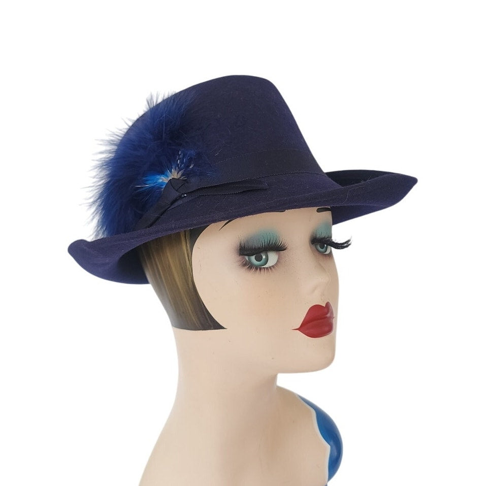 Vintage 1970s Ladies Fedora Blue Wool w/Feather Tally-Ho