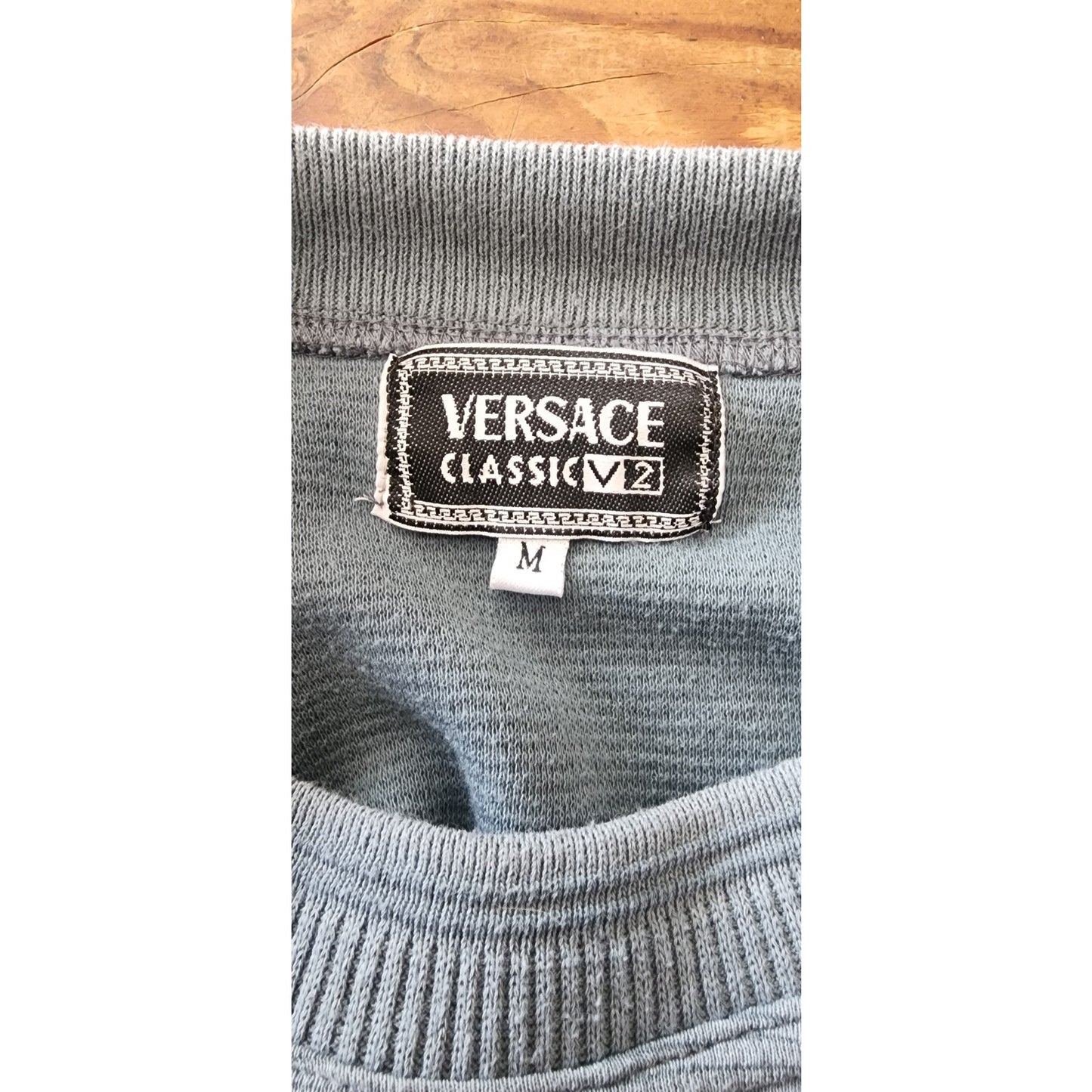 Vintage 90s Versace Classic V2 Mens Top Striped Ribbed Knit T-Shirt Dusty Blue