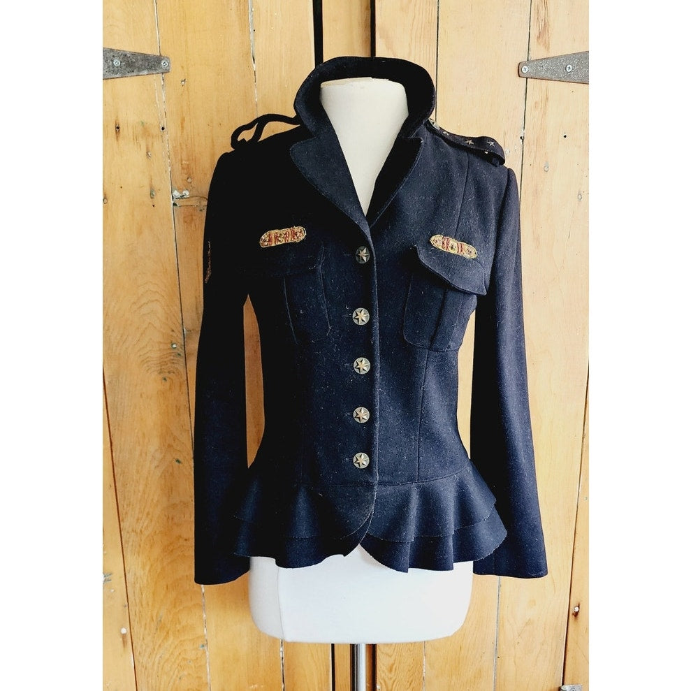 Vintage 80s Black Wool Blazer Heraldic Embroidery Manigance