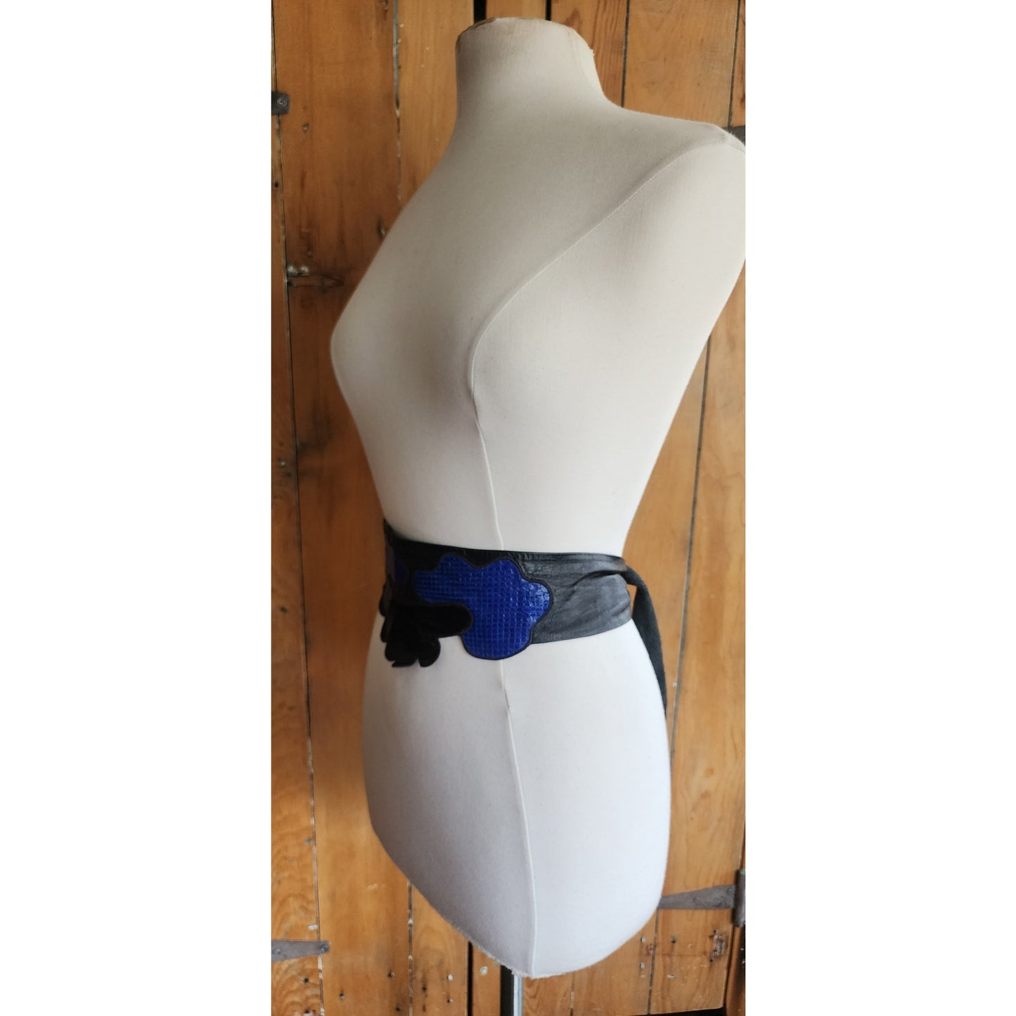 Vintage 80s Belt Snakeskin Leather Blue Beige Black Sash Tie