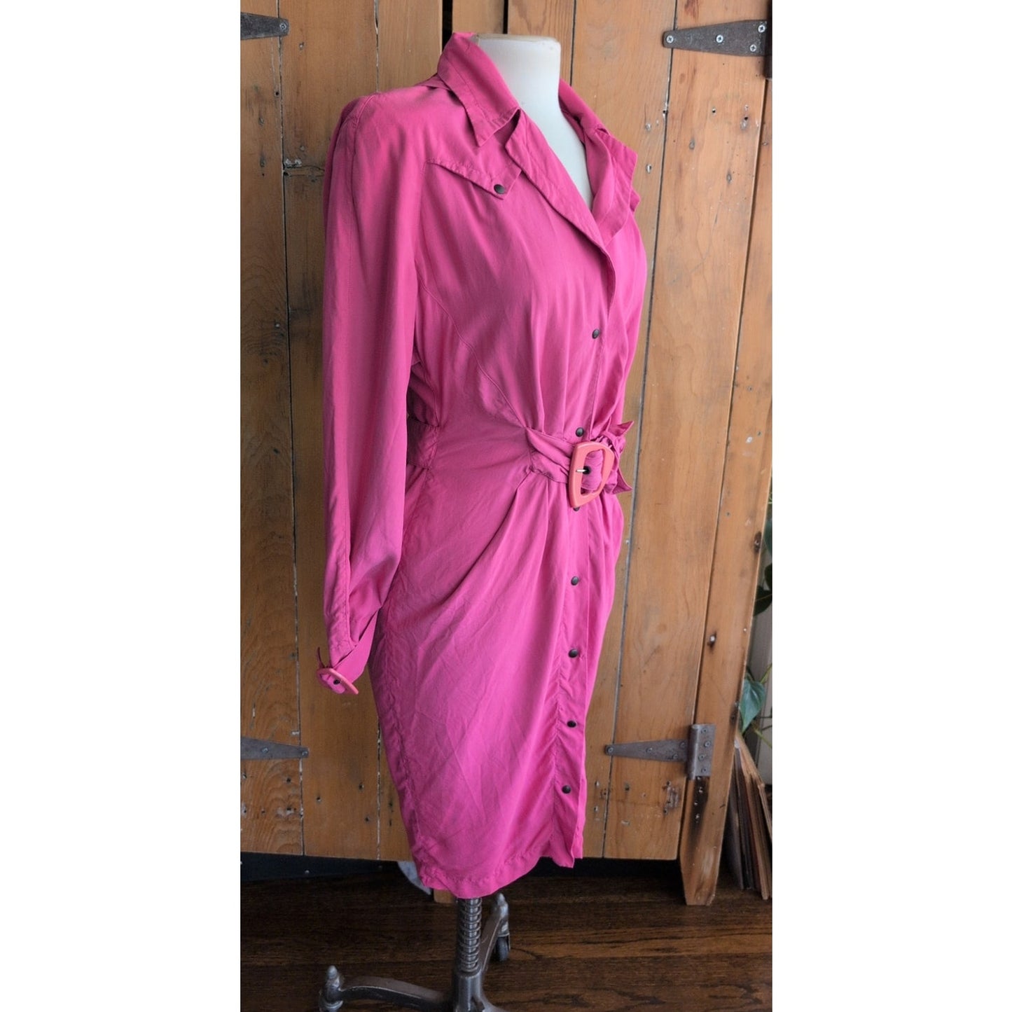 Vintage 80s Pink Silk Dress Long Sleeves Belt & Hood / S
