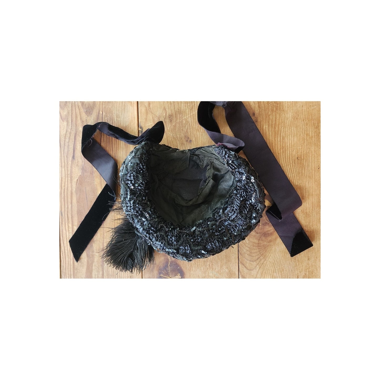 Antique Victorian Black Bonnet Hat Feathers Sequins Lace & Purple Flowers