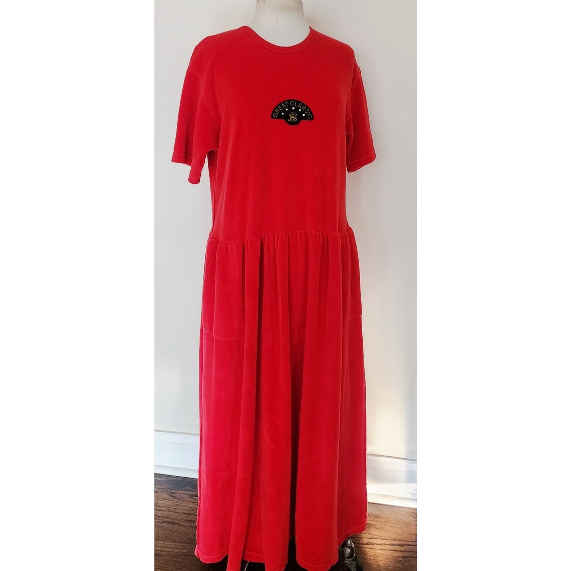 Vintage 1990s Sonia Rykiel Red Dress Red Velour Drop Waist w/Logo Emblem