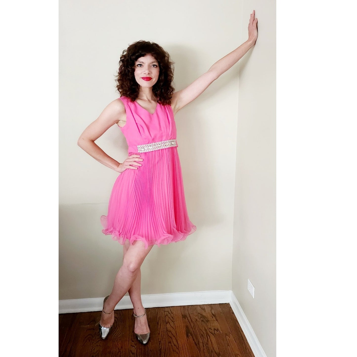 Vintage 60s Hot Pink Party Dress Pleated Skirt