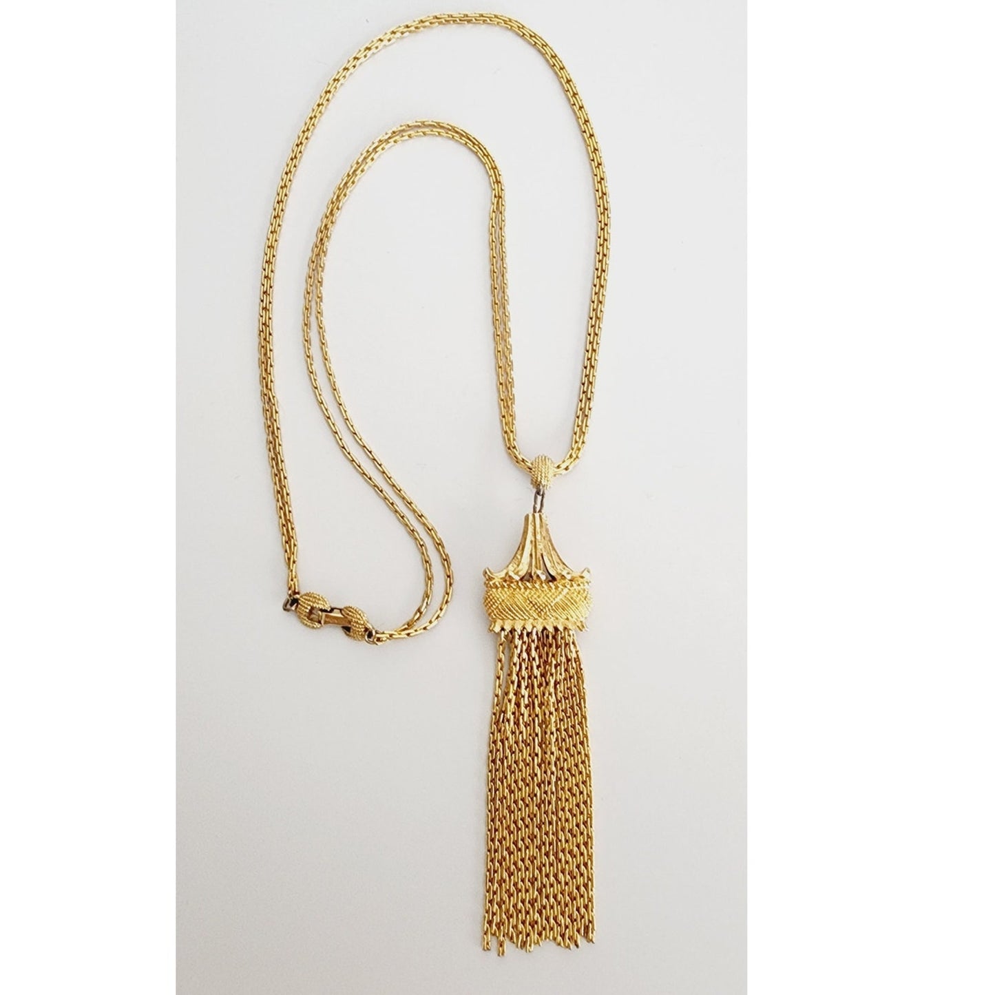 Vintage 70s Monet Traviata Pendant Necklace Gold Fringe Pagoda