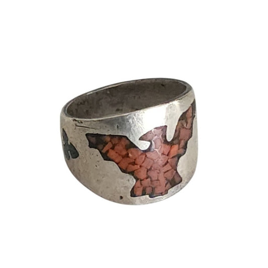 Vintage Mens Navajo Ring Thunderbird Coral Inlay Mosaic Sterling Silver