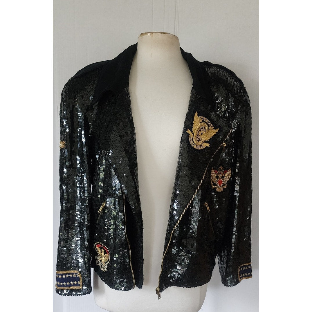 Vintage 80s Bomber Jacket Black Sequins Gold Eagle Motorcycle Patches Neiman Marcus / L