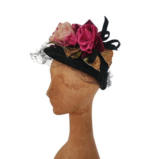 Vintage 1940s Flower Hat Black Wool Silk Floral Marshall Fields New York Creations