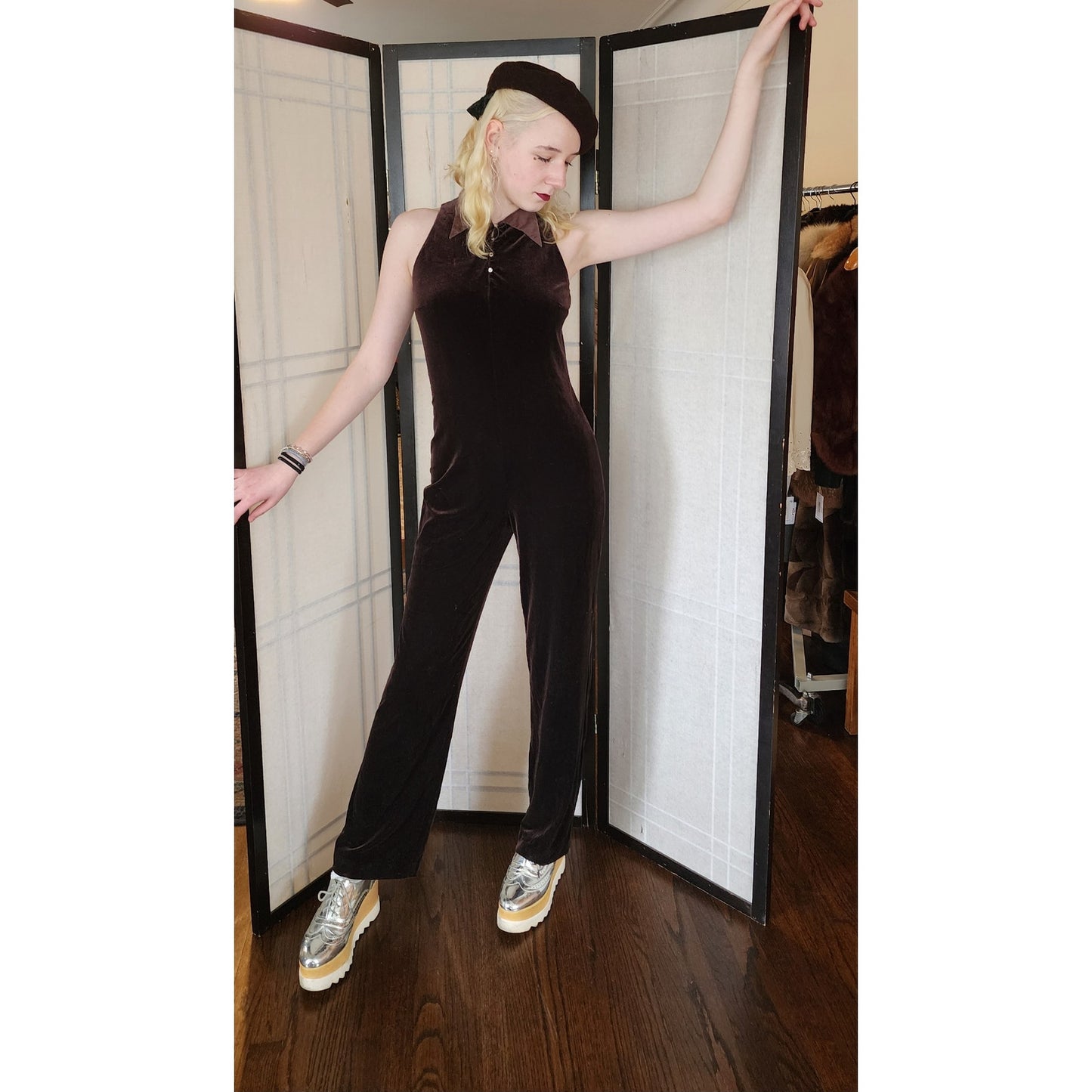 Vintage 90s Velvet Jumpsuit 1Sleeveless, in Brown Kay Unger / S