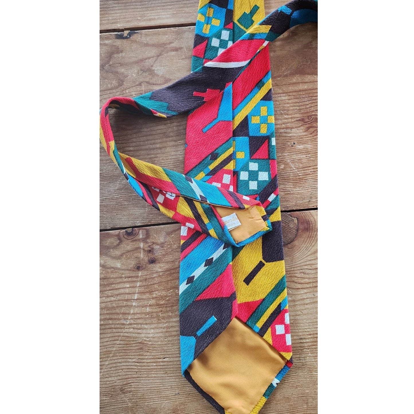 Vintage 60s Mens Tie Colorful Barkcloth MCM Print Geometric