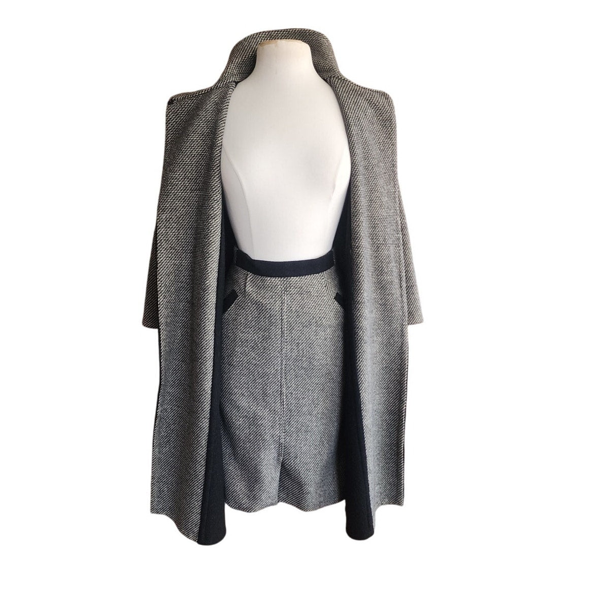 Vintage 90s Wool Coat + Skirt Set in ZigZag Stripe Grey Black / S