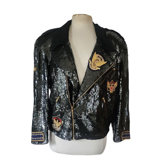 Vintage 80s Bomber Jacket Black Sequins Gold Eagle Motorcycle Patches Neiman Marcus / L