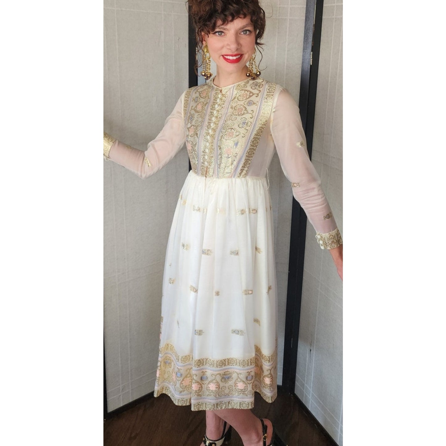 Vintage 70s Embroidered Dress Gold Lurex & White Organza / Chuck Howard Boutique