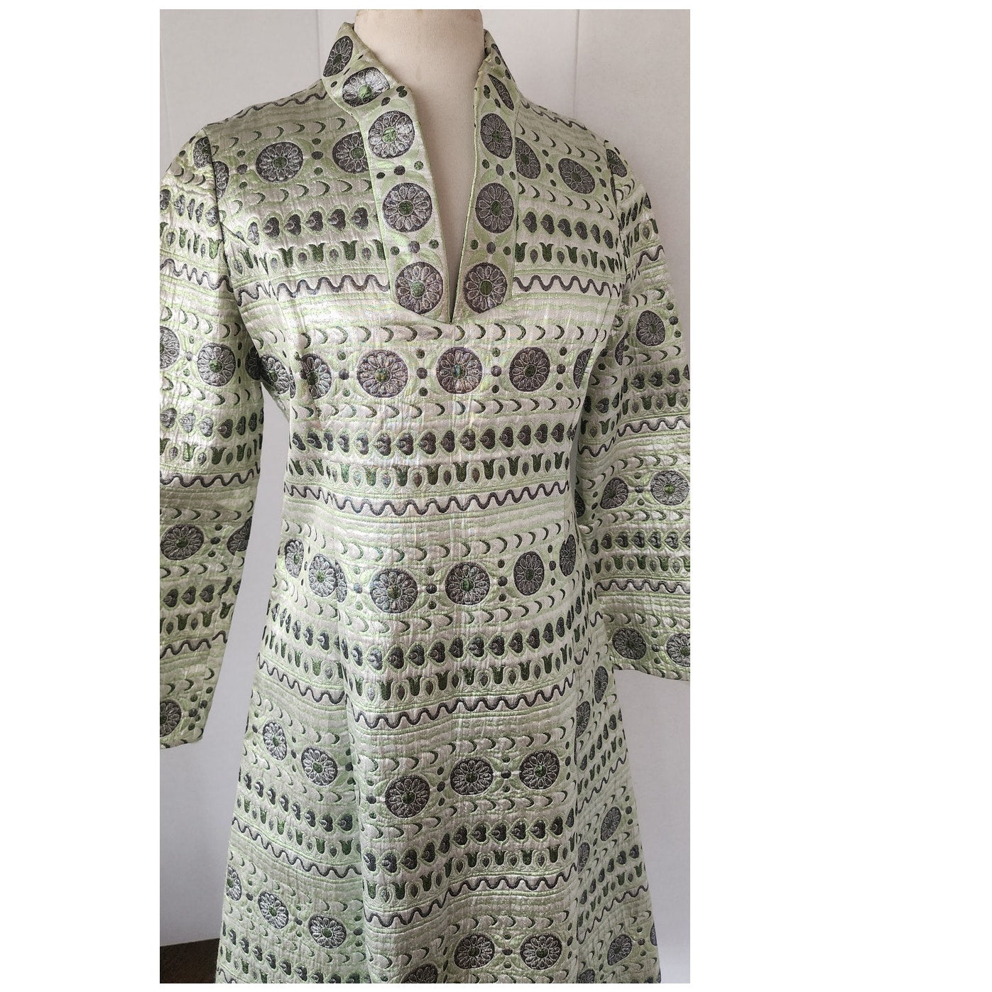 Vintage 60s Brocade Dress Silver Green Metallic Psychedelic Print